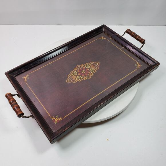 Antique Serving Tray Wall Art Abstract Under Glass Wood w/ Handles 17x11 Inch - Picture 1 of 8